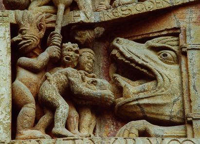 Le démon enfourne les damnés dans la gueule du Léviathan