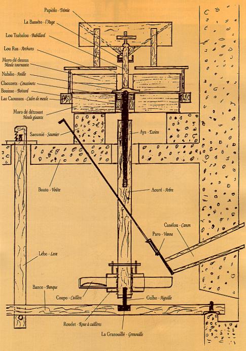 Le plan (coupe verticale) d'un moulin à rodet rouergat